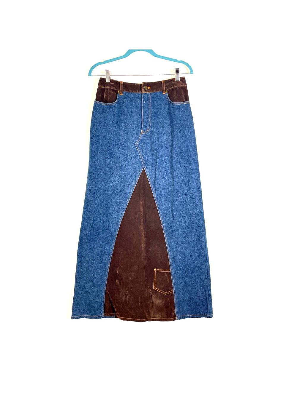 Forenza Vintage Blue Brown Maxi Denim Faux Suede Skirt Size 6 NEW